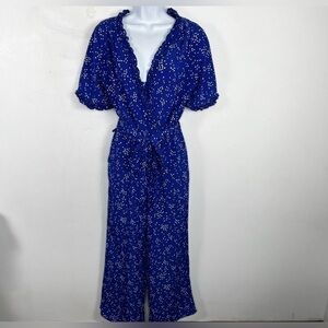 Fraiche By J Jumpsuit Sz M Royal Blue White Polka Dots Short Sleeve Wide…